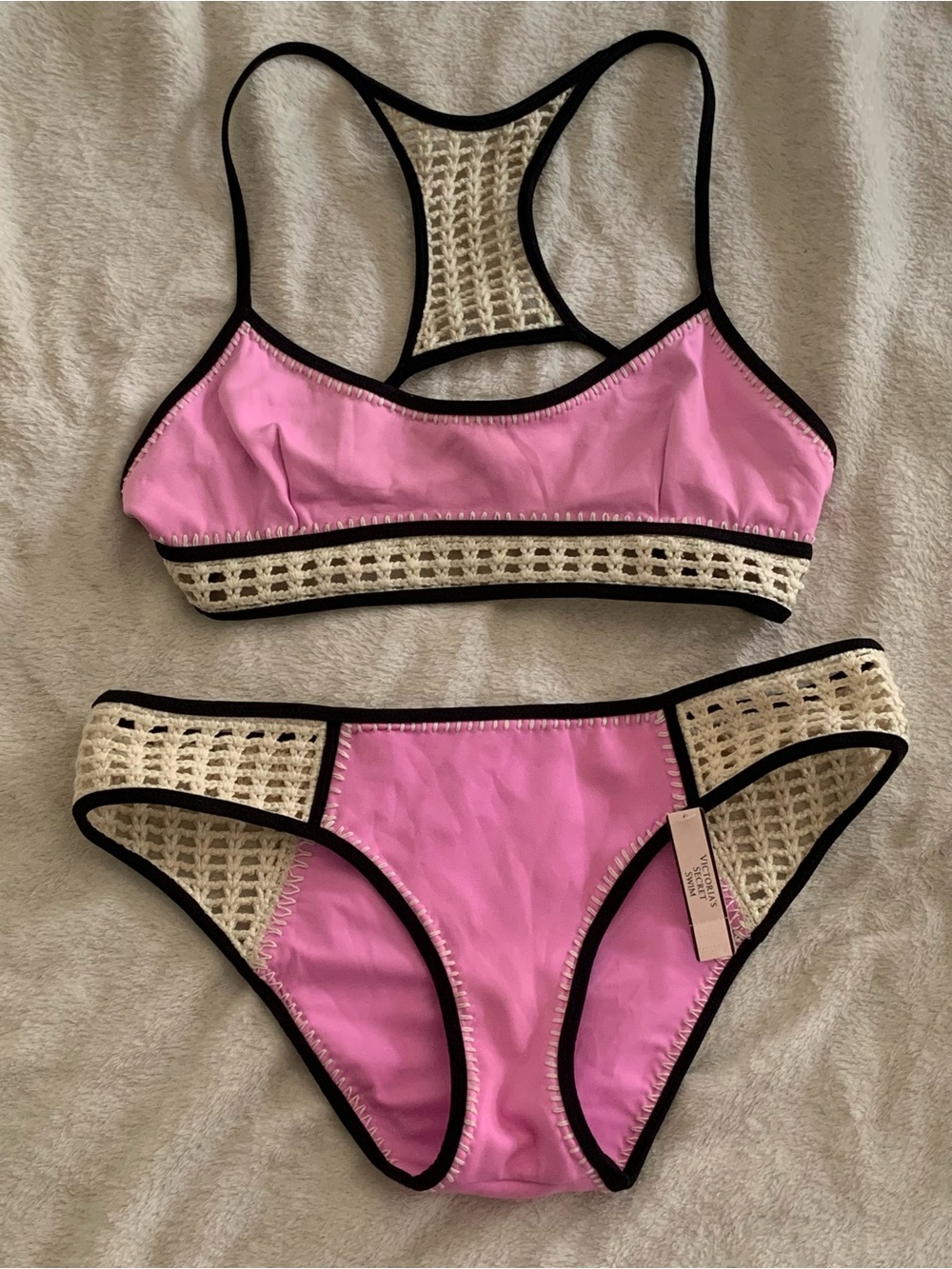 NWT Victoria's Secret S/M Pink Beige Crochet Trim Bralet Surf Bikini Boho Beach
